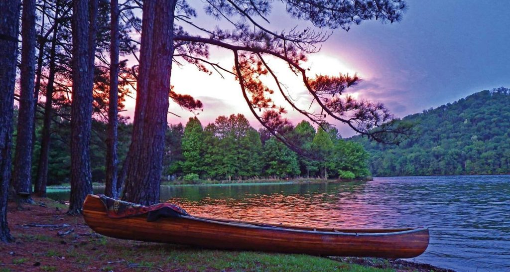 Canoe at sunset on Neely Henry Lake